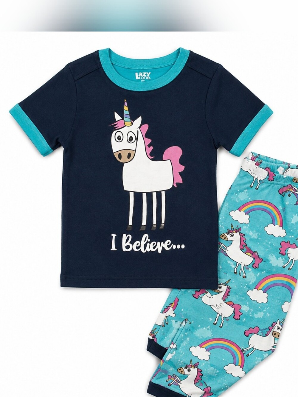 Lazy One Unicorn Pajama Set Girls 2T Rainbow Cotton PJ Set Blue Pink